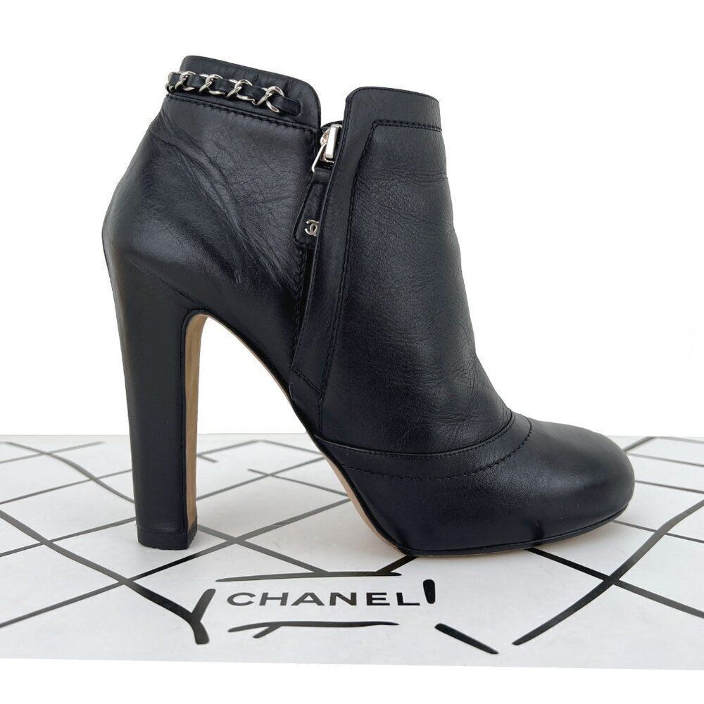Chanel Lambskin Leather Chain Ankle Heel Boots in Black Size 41C - Picture 5 of 14